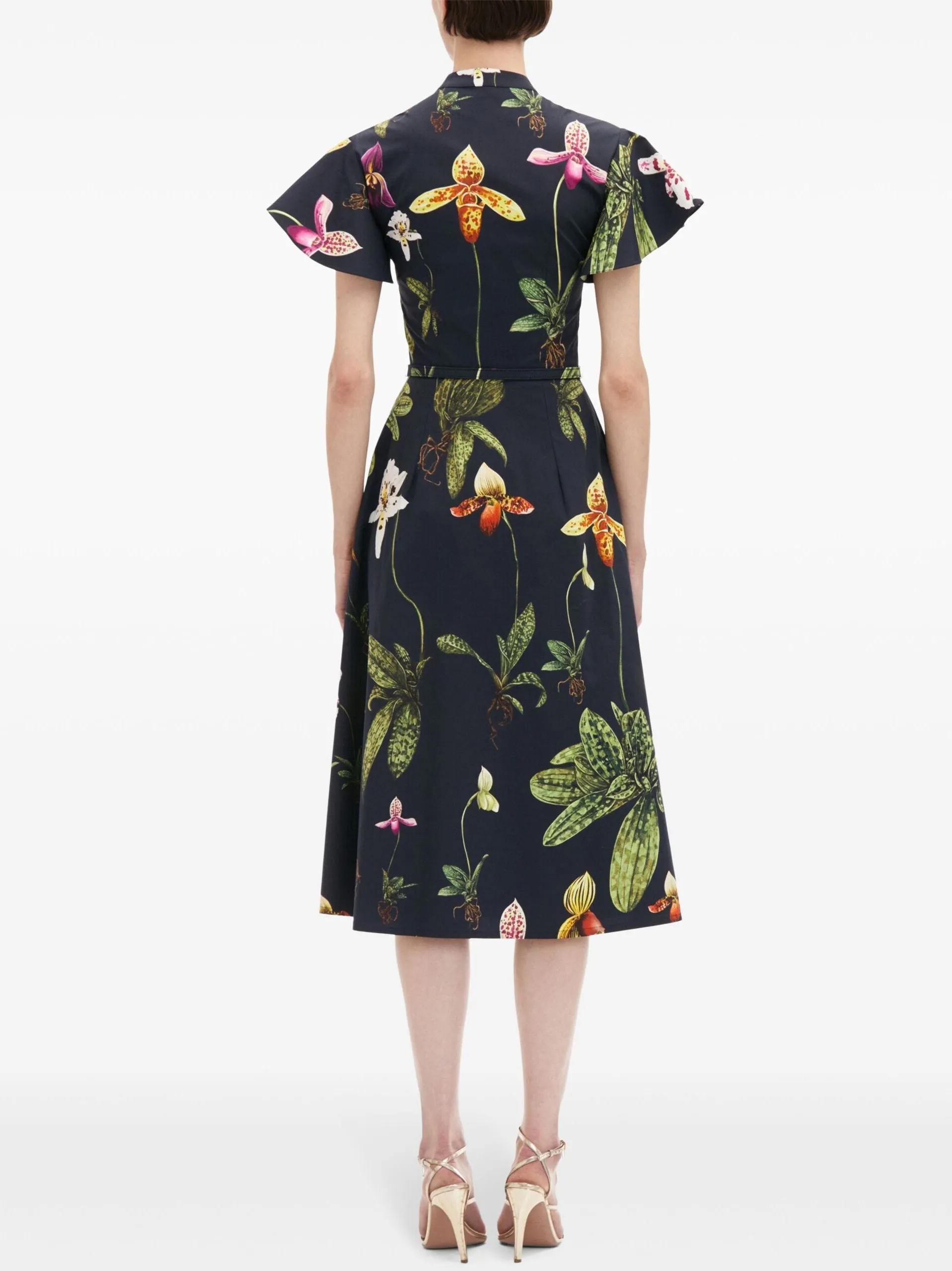 Belted Orchid Print Cotton Poplin Midi Dress