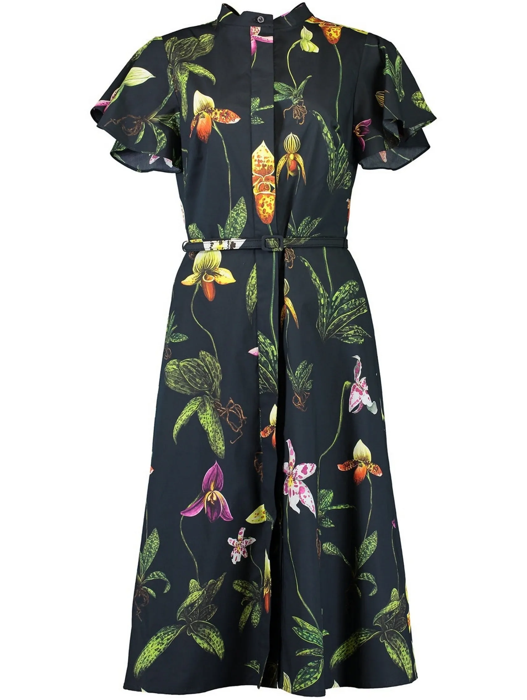 Belted Orchid Print Cotton Poplin Midi Dress