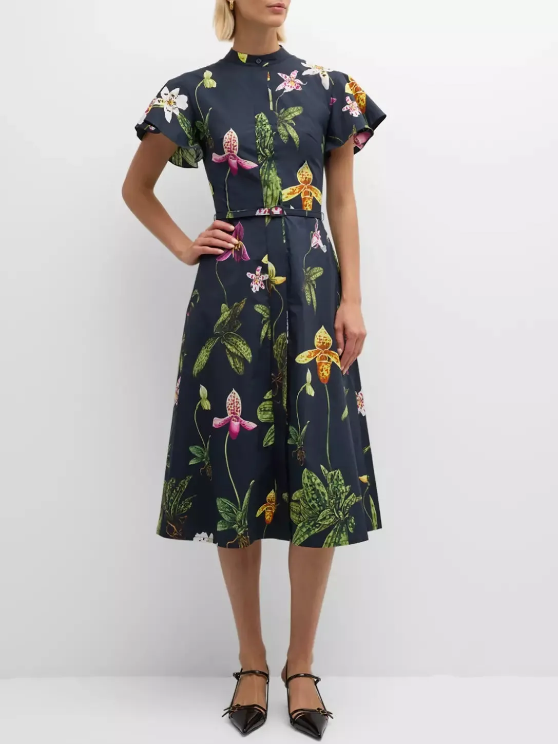 Belted Orchid Print Cotton Poplin Midi Dress