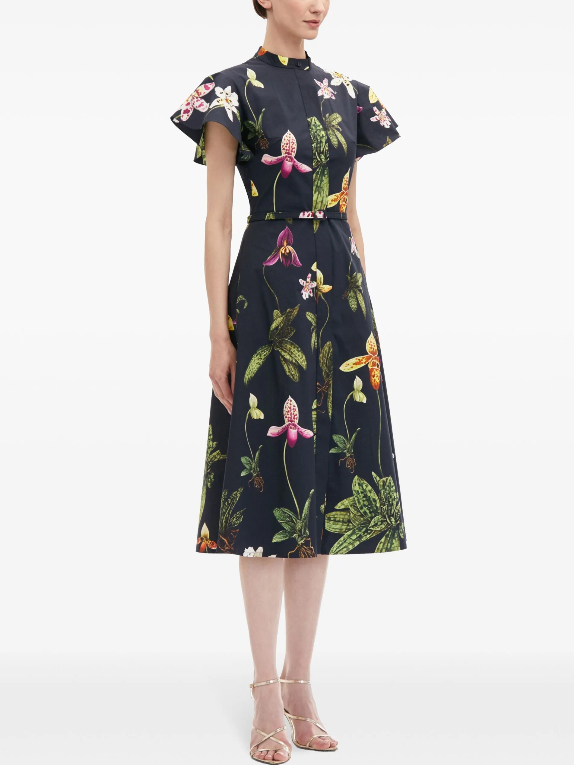 Belted Orchid Print Cotton Poplin Midi Dress