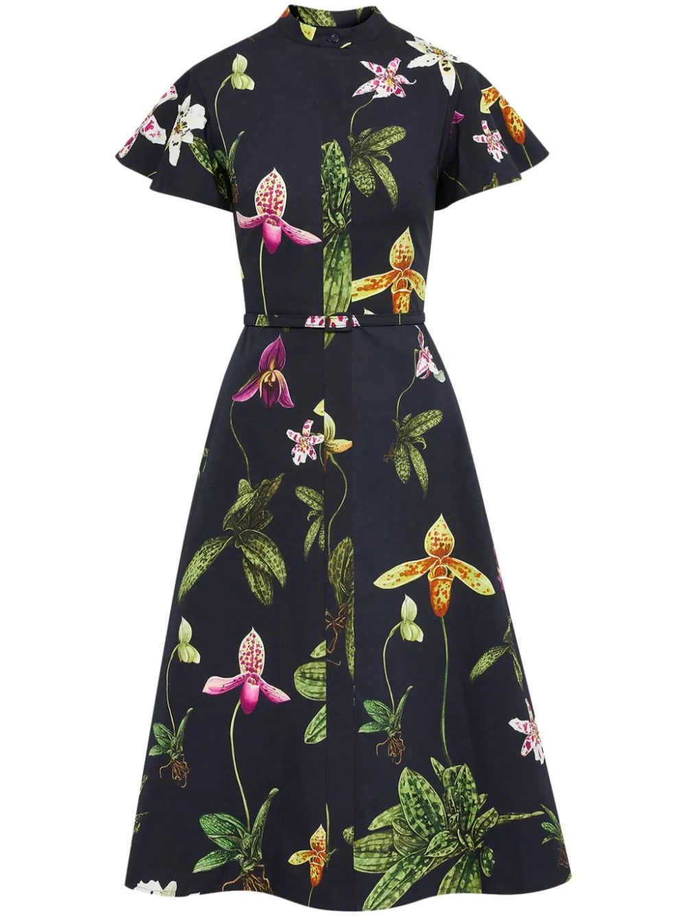 Belted Orchid Print Cotton Poplin Midi Dress