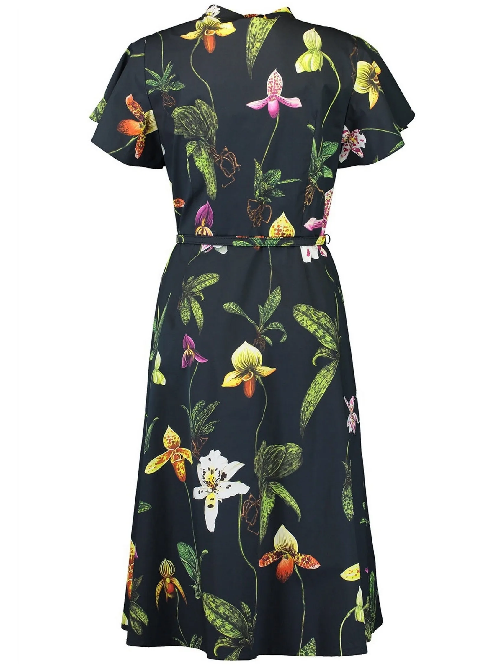 Belted Orchid Print Cotton Poplin Midi Dress