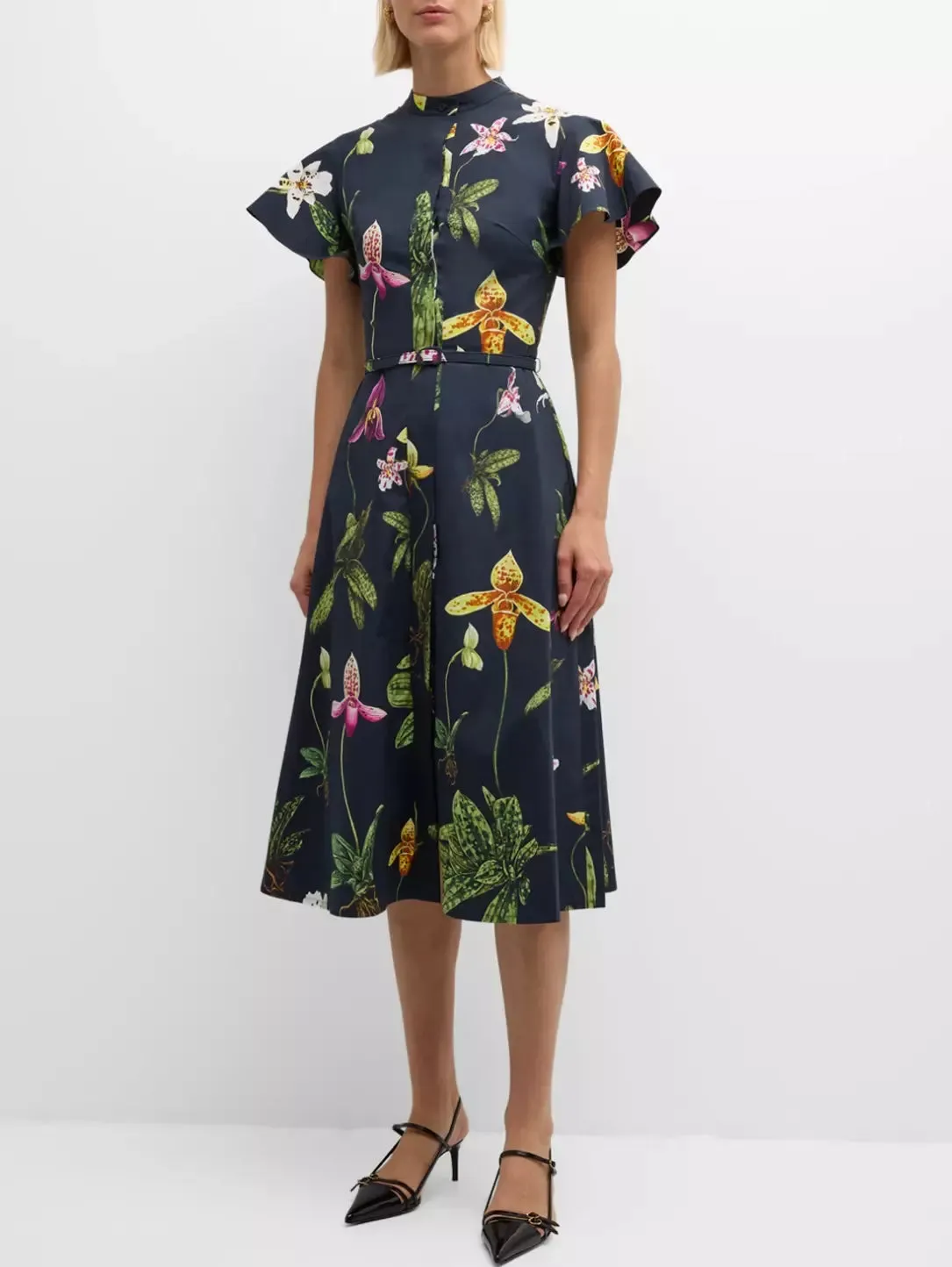 Belted Orchid Print Cotton Poplin Midi Dress