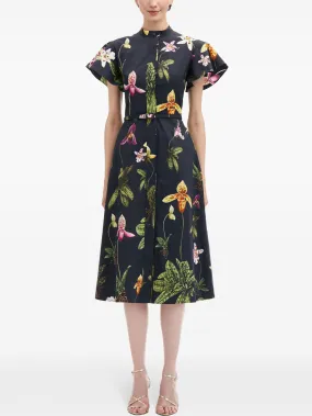 Belted Orchid Print Cotton Poplin Midi Dress