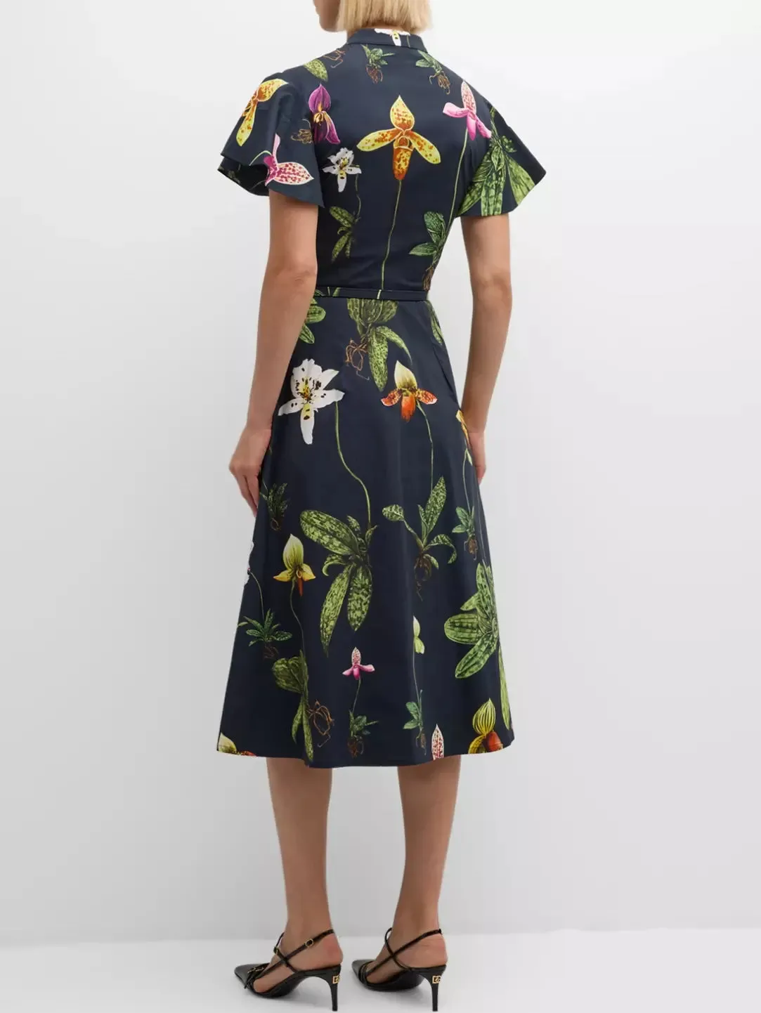 Belted Orchid Print Cotton Poplin Midi Dress