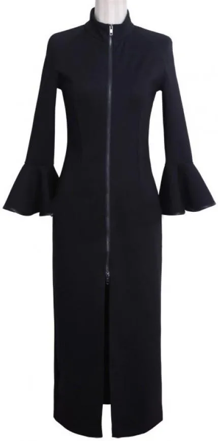 Black Bell-Sleeve Zip Midi Dress