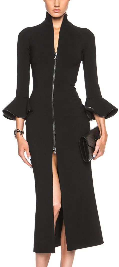 Black Bell-Sleeve Zip Midi Dress