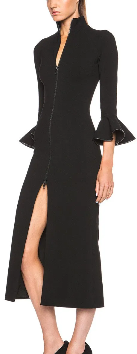 Black Bell-Sleeve Zip Midi Dress