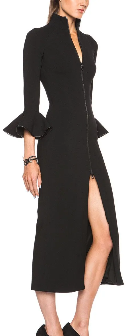 Black Bell-Sleeve Zip Midi Dress