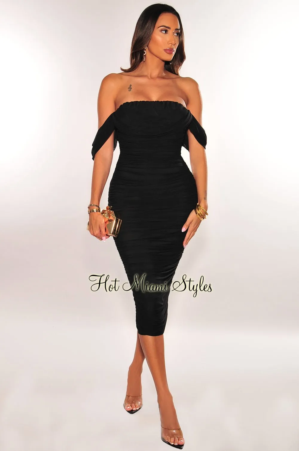 Black Off Shoulder Ruched Dress