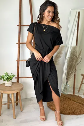 Black Off Shoulder Ruched Dress