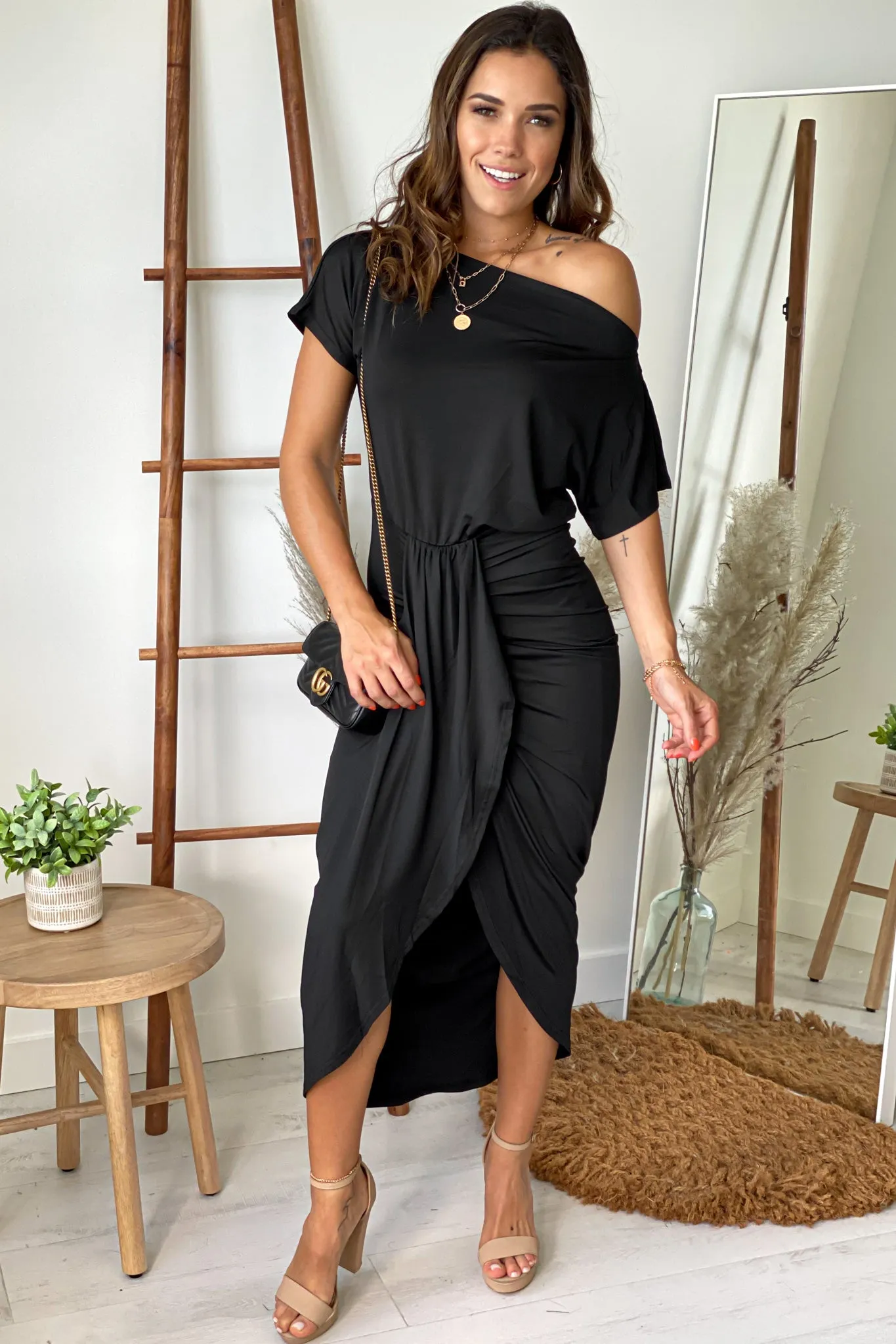 Black Off Shoulder Ruched Dress