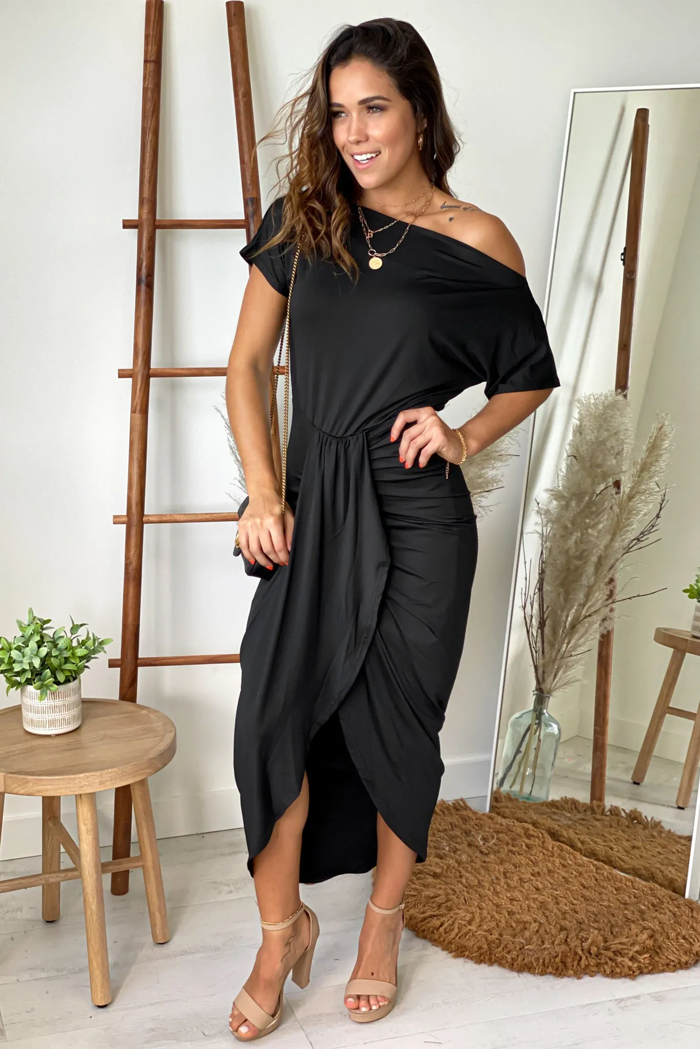 Black Off Shoulder Ruched Dress