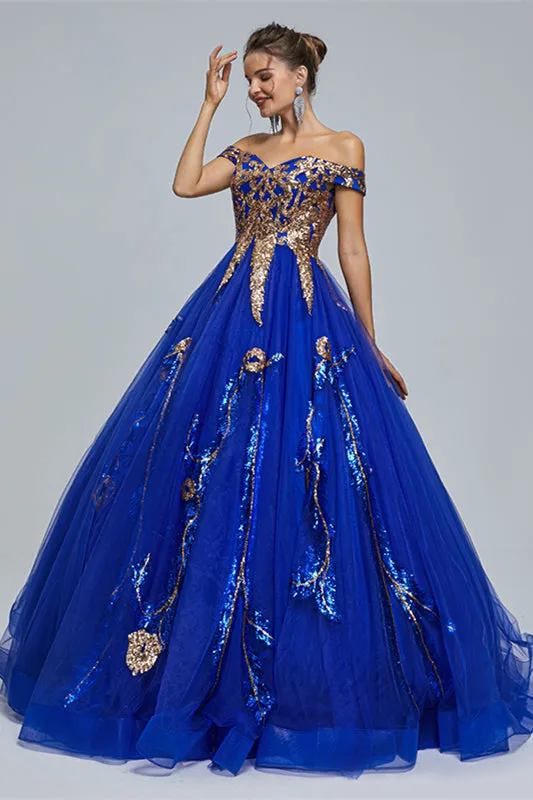 Blue Short Sleeve Off The Shoulder Tulle Sequin Decal Long Prom Dresses