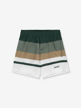 BOSS Boys Striped Swim Shorts In Green