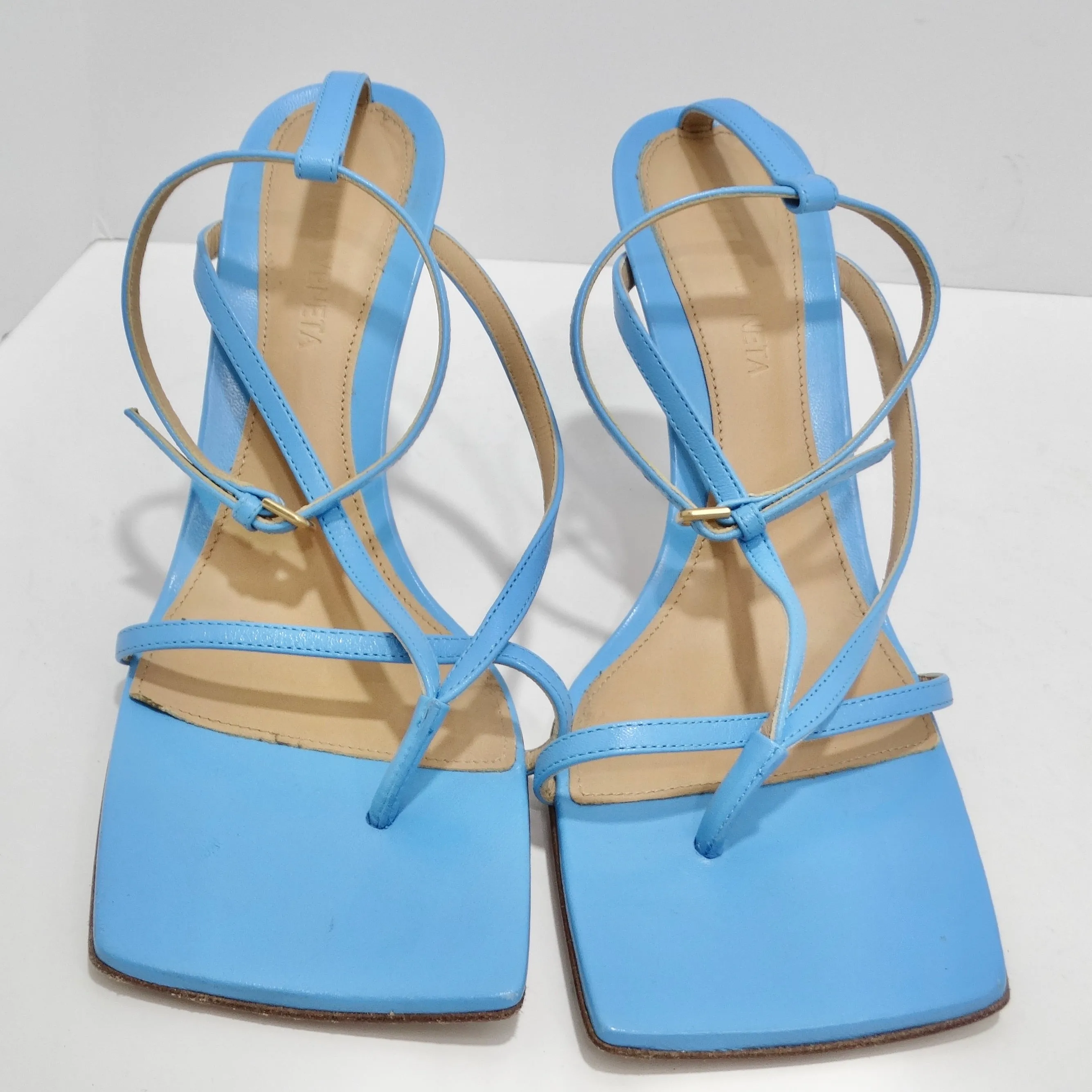 Bottega Veneta Stretch Square Toe Leather Sandals Blue