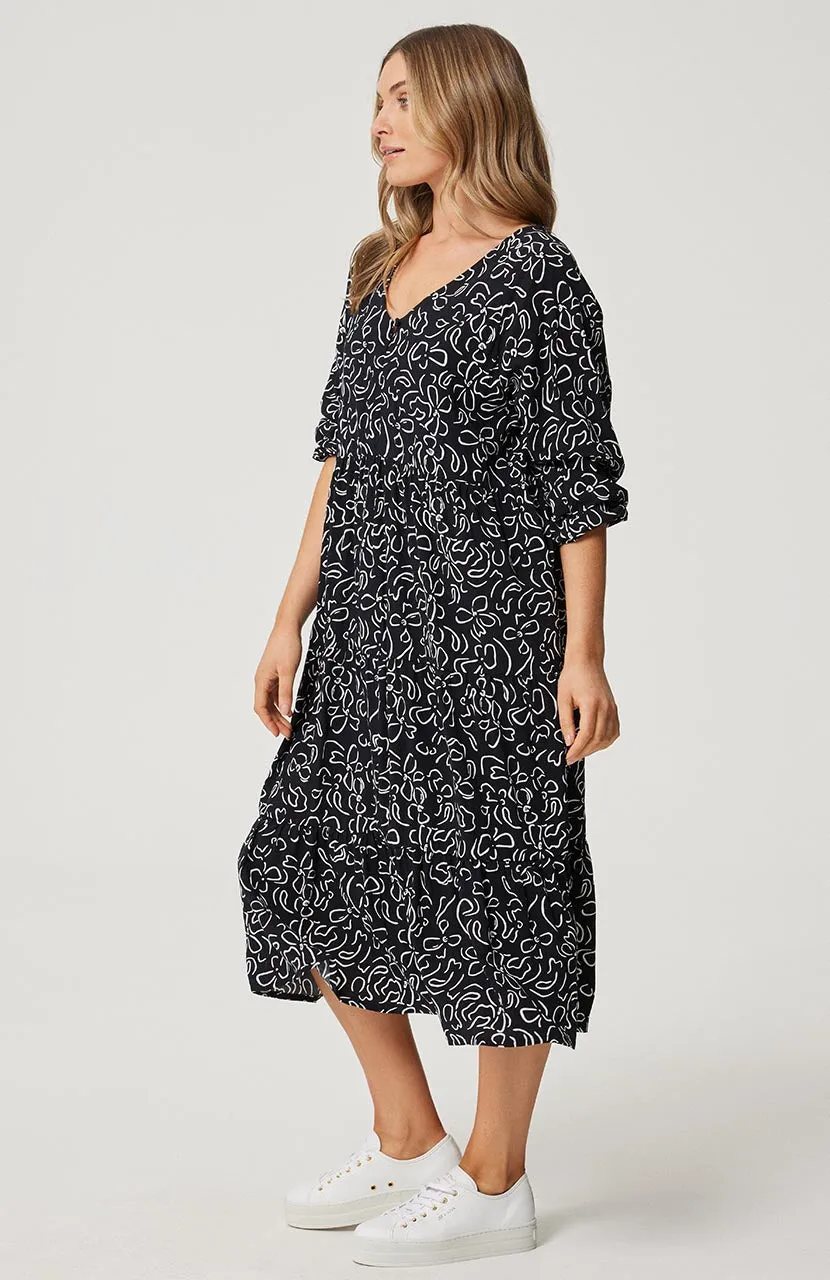 Cali Midi Dress - Black Stencil