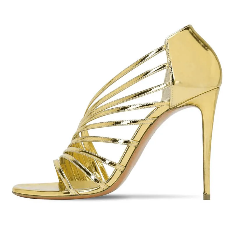 Champagne Patent Leather Cutout Open Toe High Heel Sandals