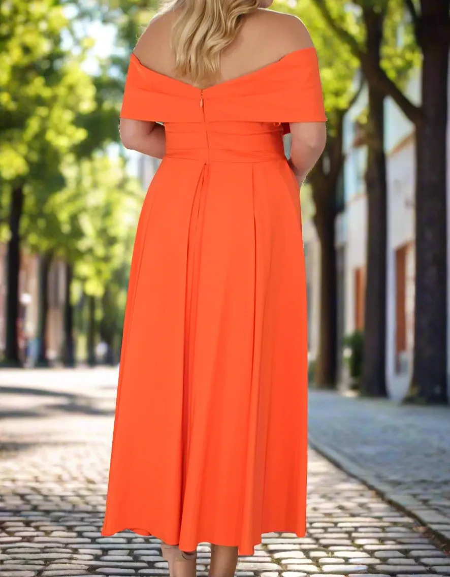 Chiffon Orange Off-The-Shoulder Ankle Length Mother of The Bride Dresses