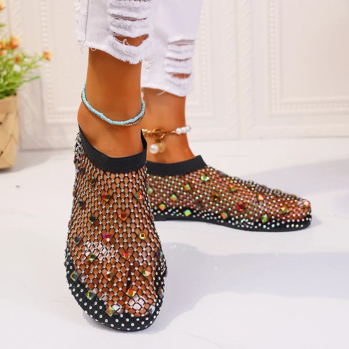 Colorful  Rhinestone Mesh Design Flat Summer Sandals