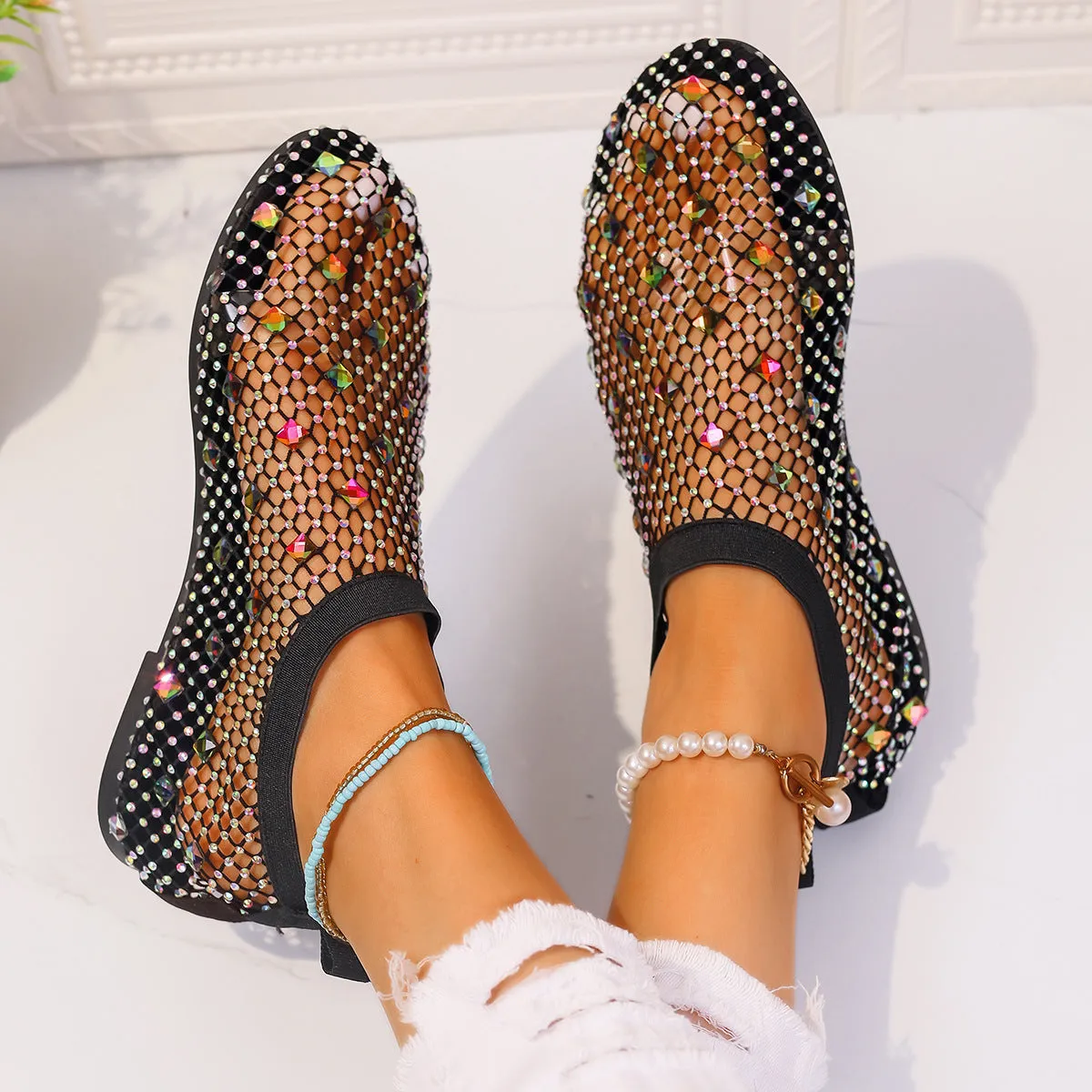 Colorful  Rhinestone Mesh Design Flat Summer Sandals