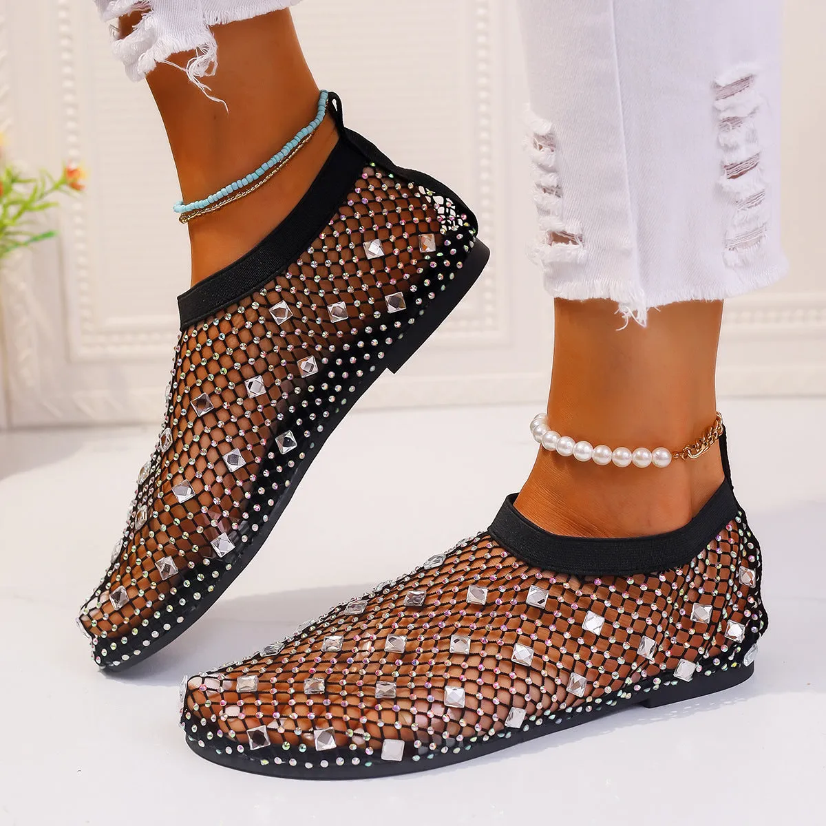 Colorful  Rhinestone Mesh Design Flat Summer Sandals