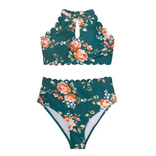 CUPSHE Green Floral Halter Bikini Sets Women Sexy High Waist Two Pieces Swimsuit 2019 Girl Boho Bathing Suits