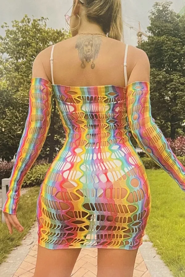 Cut Out Off Shoulder Rainbow Dress