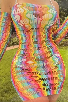 Cut Out Off Shoulder Rainbow Dress