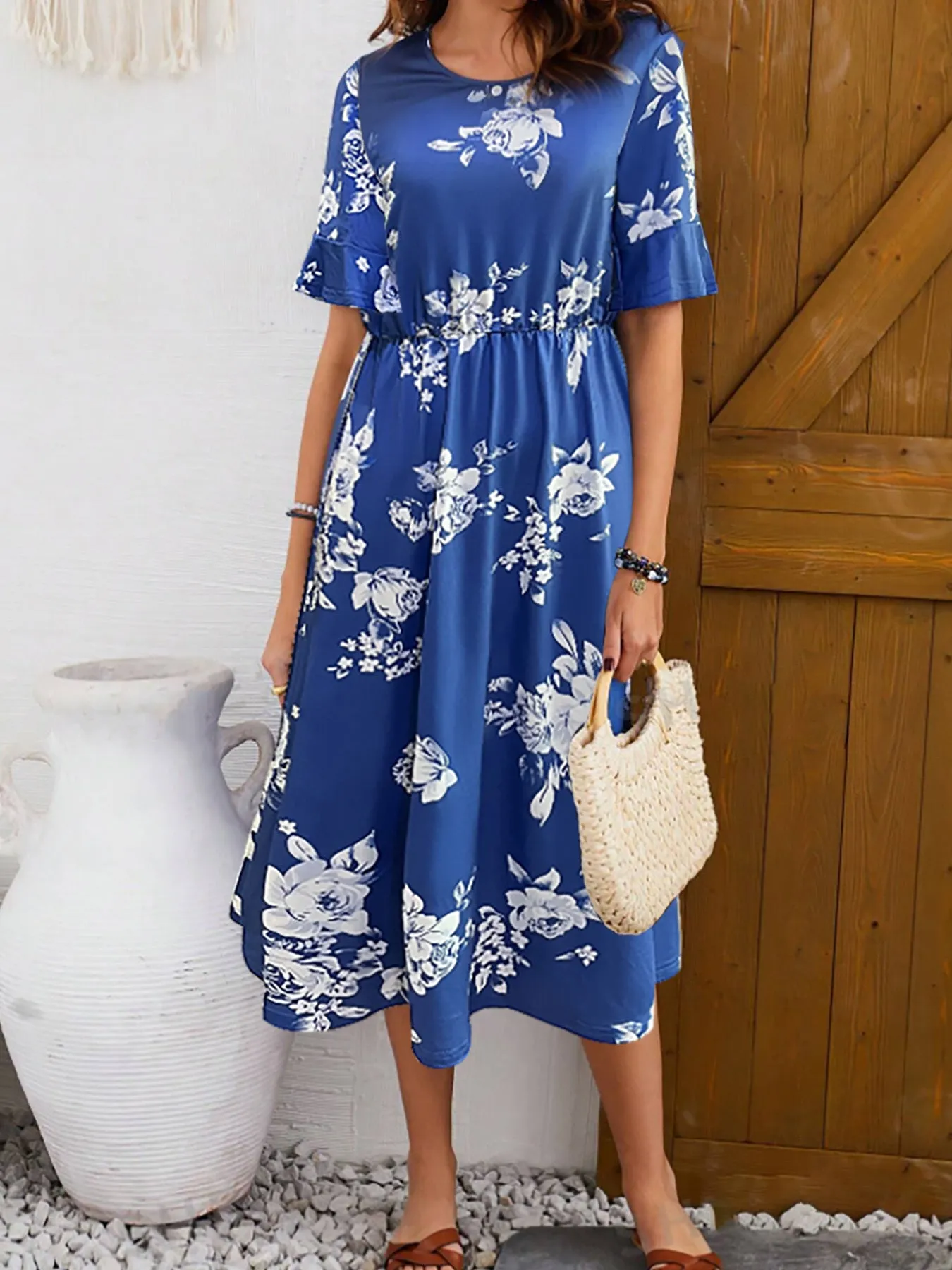 Elegant Round Neck Short Sleeve Printed Dresses Wholesale Womens Clothing N3824073000127