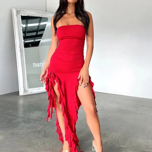 Elegant Ruffles Off Shoulder Women Midi Dress Sexy Strapless Off