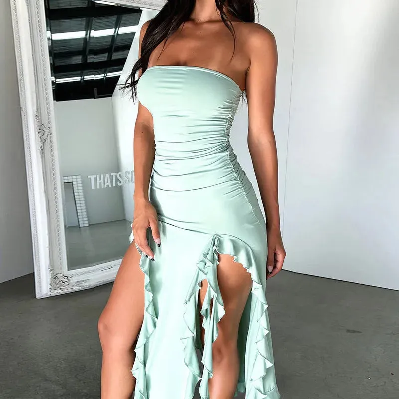 Elegant Ruffles Off Shoulder Women Midi Dress Sexy Strapless Off