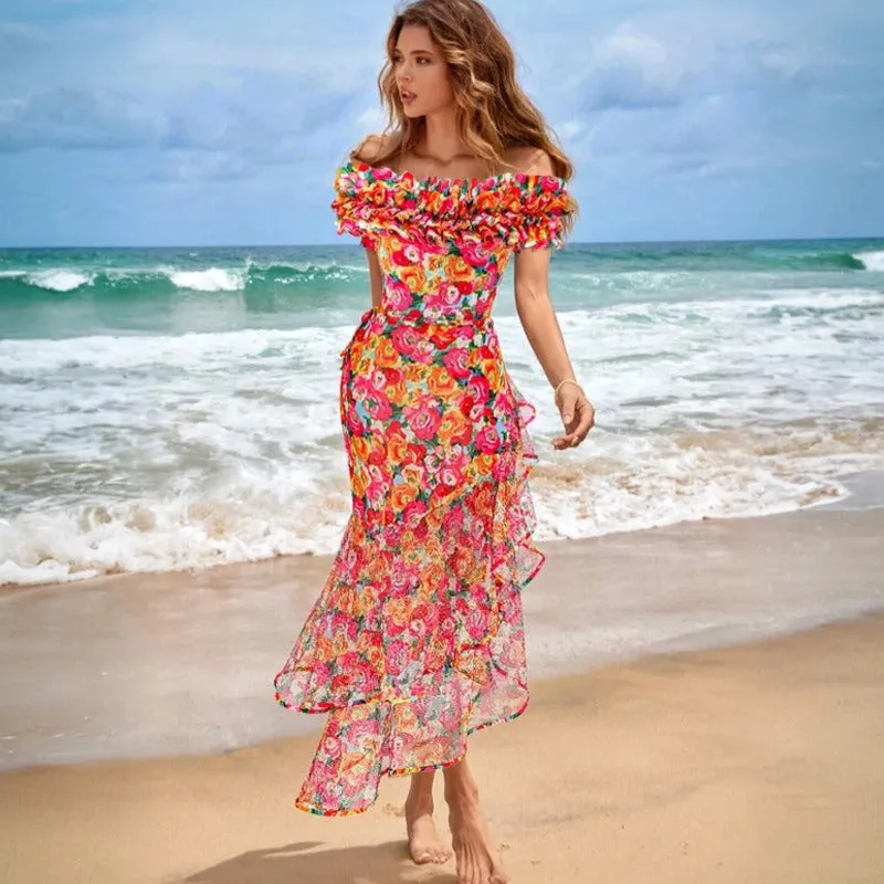 Floral Print One-Piece Swimsuit and Cover Up Skirt Set