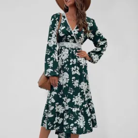 Floral Surplice V Neck Long Sleeve Dress