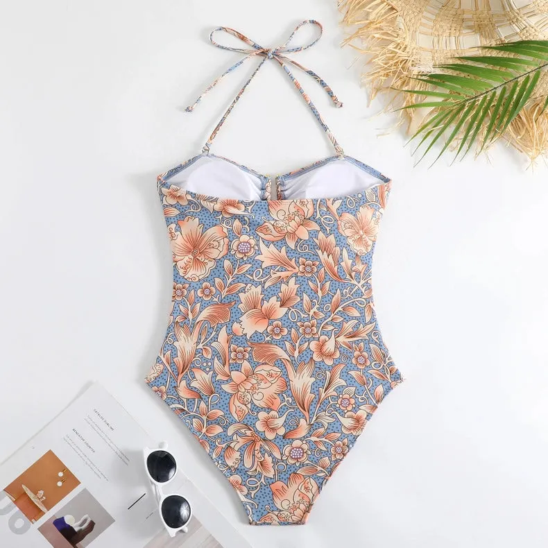 Halter Bandeau One Piece Swimsuit in Painted Boho Floral