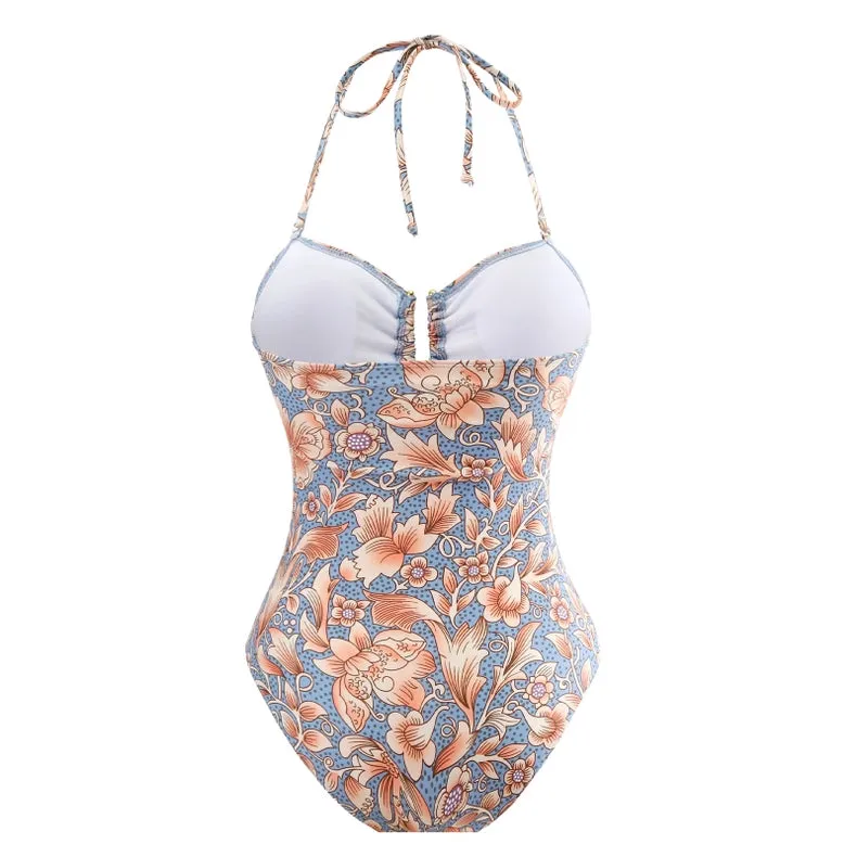 Halter Bandeau One Piece Swimsuit in Painted Boho Floral