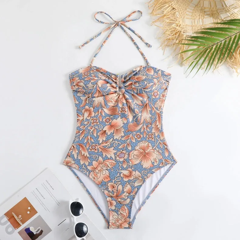 Halter Bandeau One Piece Swimsuit in Painted Boho Floral