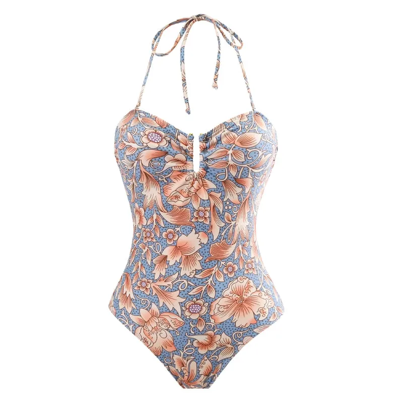 Halter Bandeau One Piece Swimsuit in Painted Boho Floral