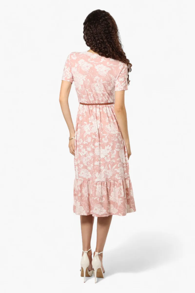 International INC Company Floral Belted Short Sleeve Maxi Dress - Blush