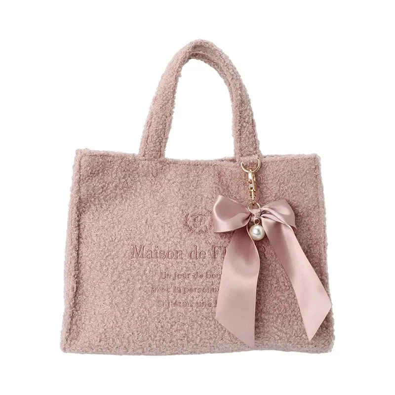 Japanese New Winter Ribbon Bowknot Plush Wool Shoulder Bags Sweet  Girl Tote Bag Women's Handbag Cute Comestic Bags for Girls