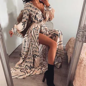 JuliaFashion - 2024 Vintage Letter Printed Long Sleeve Wrap Dress