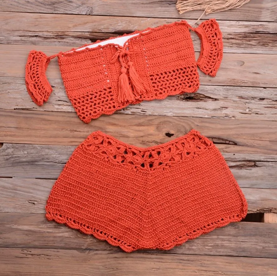 Knitted Crochet Swimsuit Women 2020 Summer Boho Handmade Bra Top Sexy Bikinis