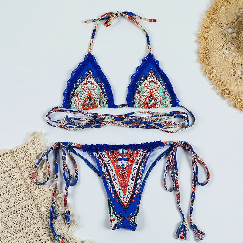 Lace Boho Cross Bandage Bikini Set - Dark Blue