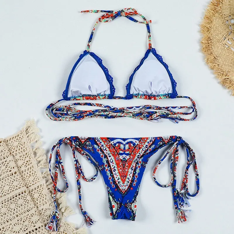 Lace Boho Cross Bandage Bikini Set - Dark Blue