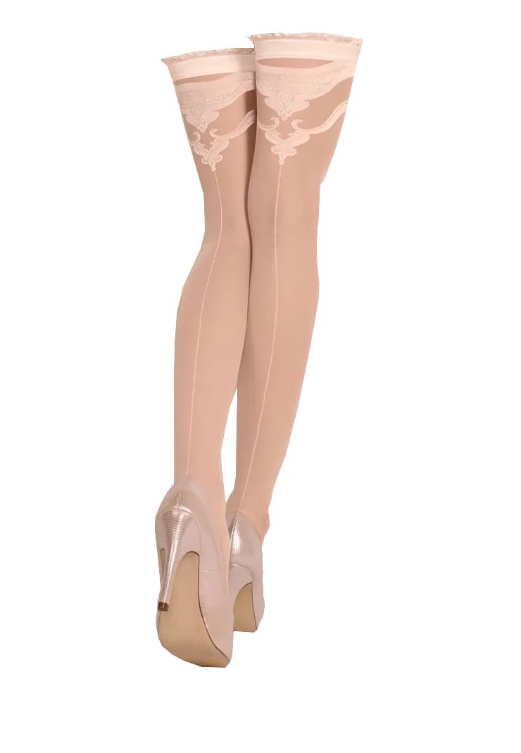 Ladies Stunning Sheer Shimmer Ruffle Top Back Fleur De Lis & Seam Line Bridal Hold Ups