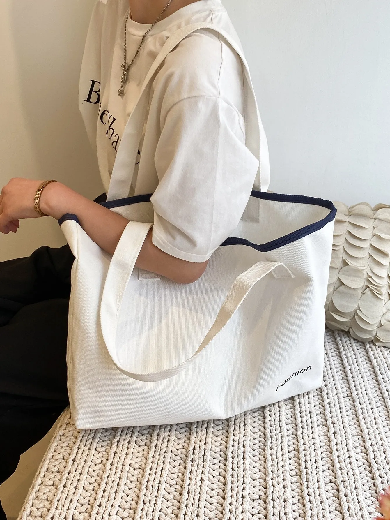 Letter Graphic Shoulder Tote Bag