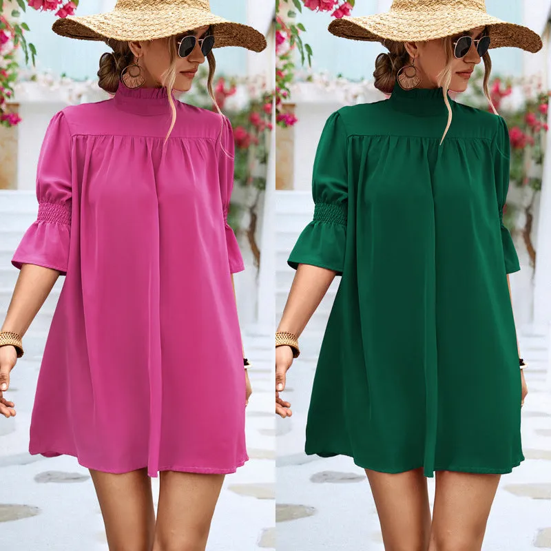 Loose Pleated Doll Trumpet Sleeve Solid Color Dress Wholesale Dresses