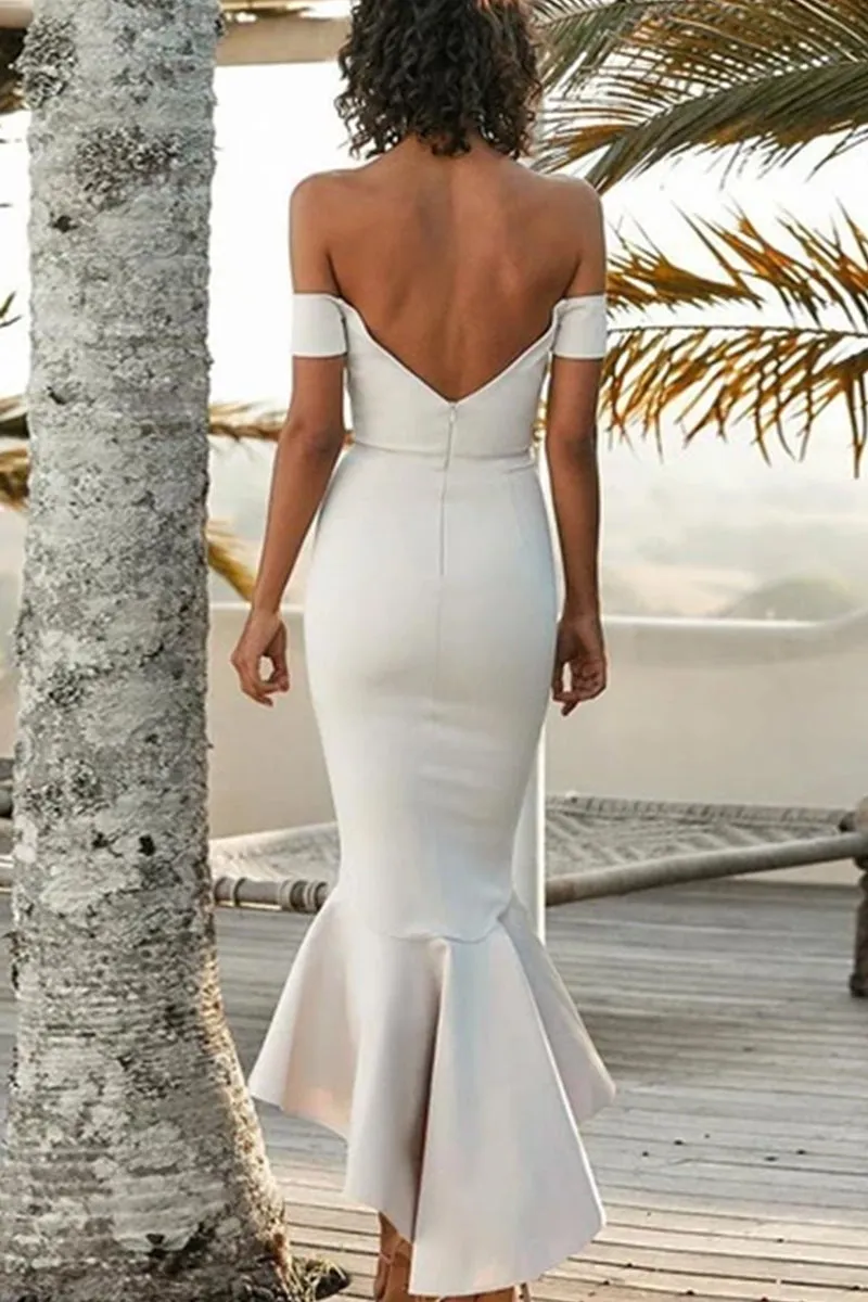 MACloth Off the Shoulder Mermaid Midi Bridesmaid Dress Ivory Cocktail Dress