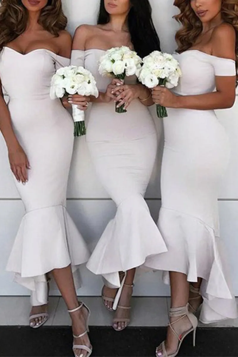 MACloth Off the Shoulder Mermaid Midi Bridesmaid Dress Ivory Cocktail Dress