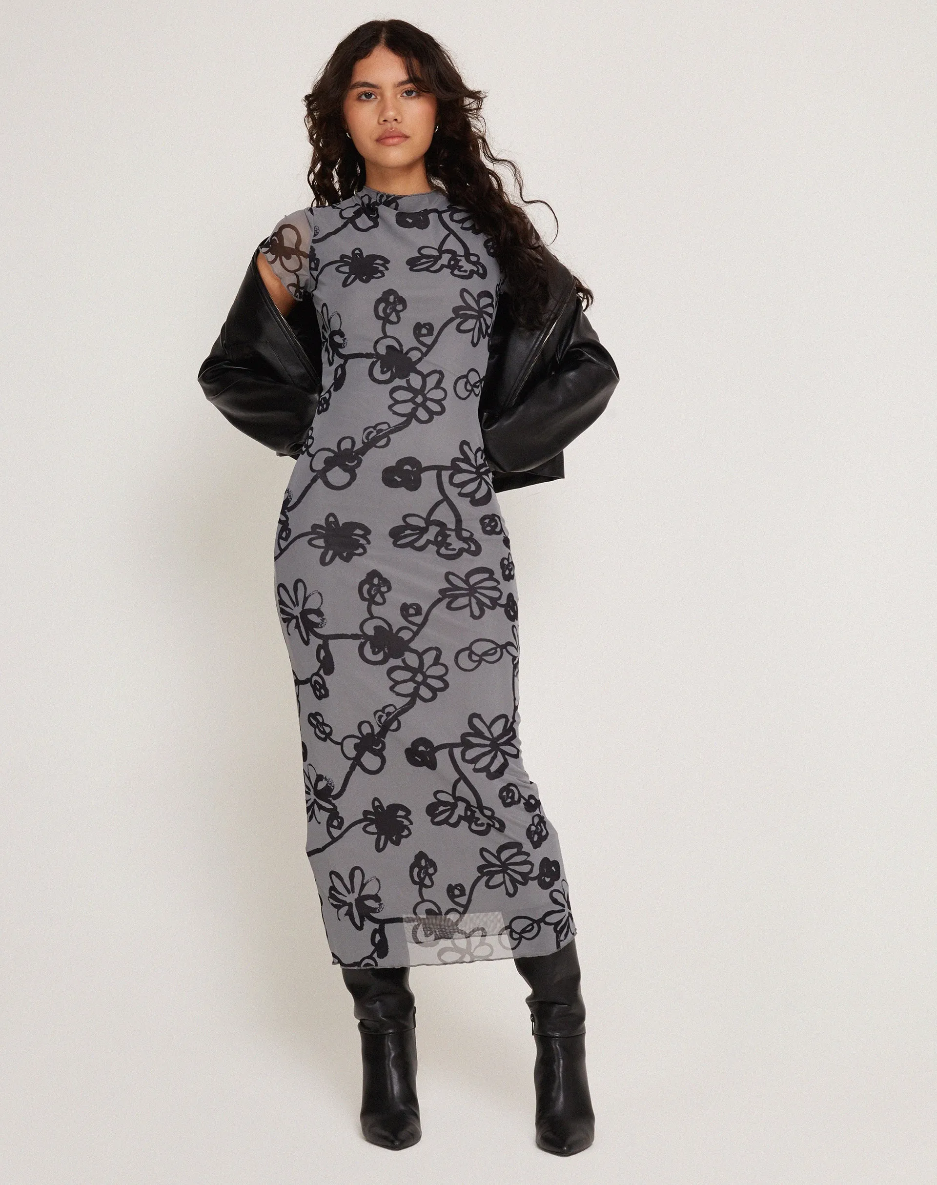 Maruza Midi Dress in Mesh Doodle Flower Grey